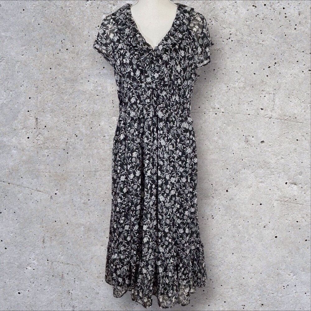 Old Navy Midi Dress Black Gray Ditsy Floral Flutter Sleeve Lined Ruffled Large